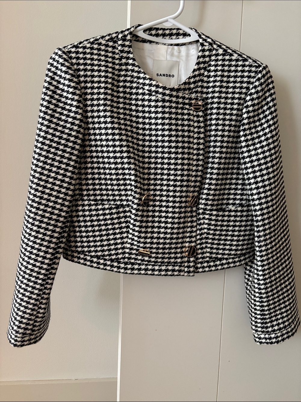 Sandro Black & White Houndstooth Cropped Blazer